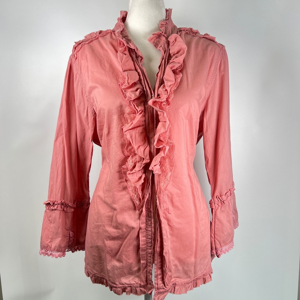 Miss Bisou Womens XL Dusty Pink Ruffle Lace Button Front Blouse Bell Sleeve Top